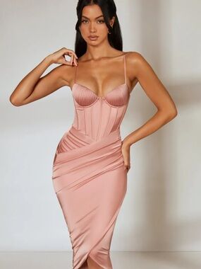 Oh Polly Blush Pink Satin Corset Midi Dress
